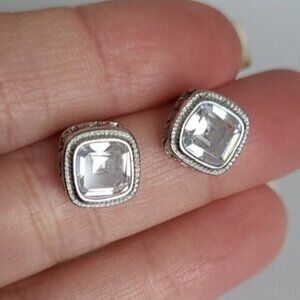 Vintage Elegant Sterling Silver Diamond Square Cushion Cut Crystal Stud Earrings